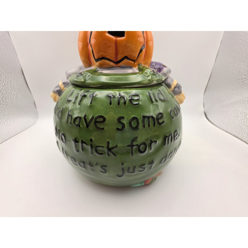 Pumpkin Head Rhyming Green Treat Jar Candy Halloween 6" Canister Ceramic Vigor - Picture 3 of 8